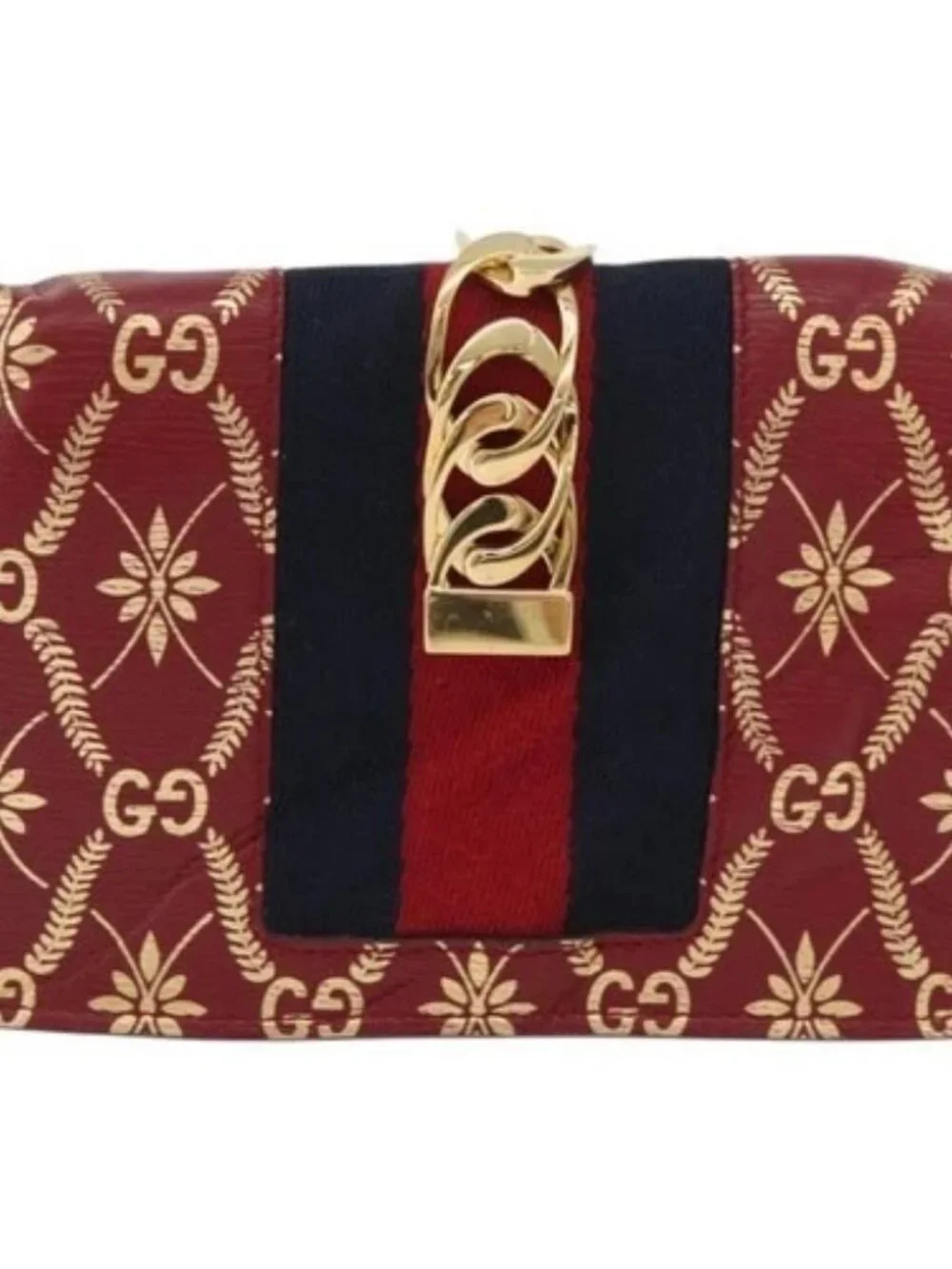 GUCCI GG Canvas Sylvie Sherry Line Chain Bag Leather Red 494646 Auth BAZ806A